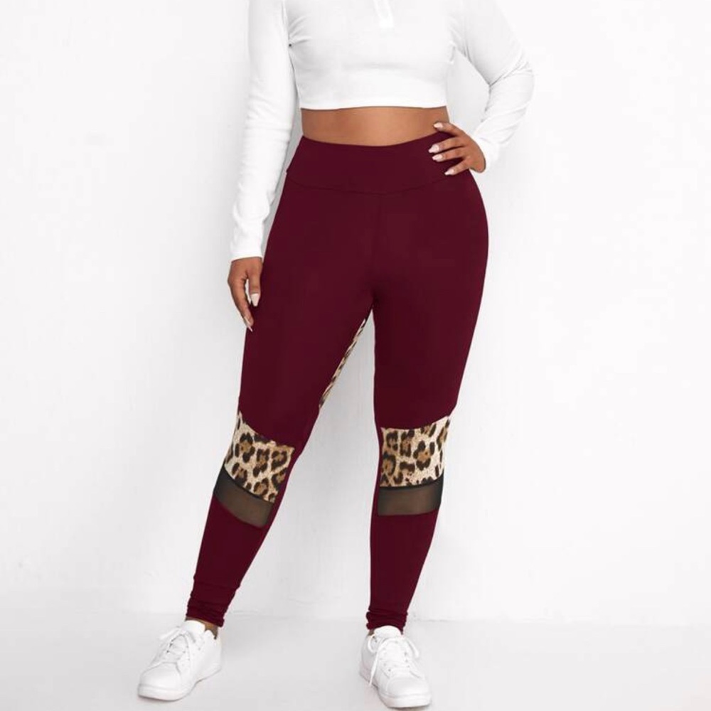 Plus Mesh Panel Leopard Print Leggings